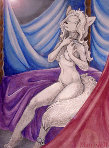 4_fingers anthro barefoot bed biped breasts collar cuff_(restraint) eyes_closed feet female fingers fluffy fluffy_tail fur furniture grey_body grey_fur grey_hair hair nude on_bed restraints shackles slave solo tail manawolf canid canine fox mammal low_res traditional_media_(artwork)