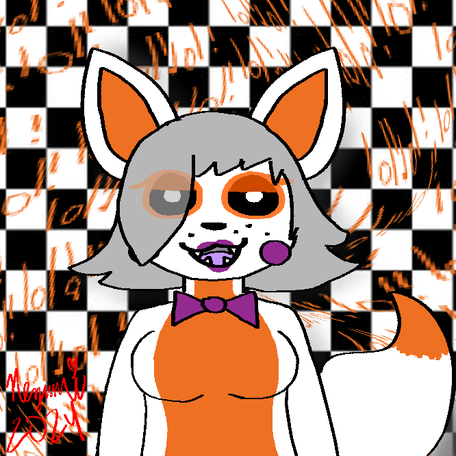 accessory black_nose black_sclera bow_tie checkered checkered_background female fur grey_hair hair lipstick makeup mostly_nude open_mouth orange_body orange_fur pattern_background pupils sharp_teeth simple_background solo teeth white_body white_fur white_pupils sewwa five_nights_at_freddy's five_nights_at_freddy's_world scottgames lolbit_(fnaf) canid canine fox mammal 1:1