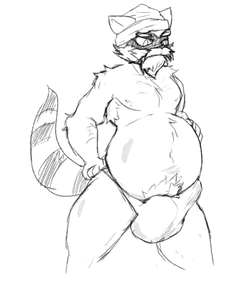 anthro armpit_hair beard belly big_belly big_bulge body_hair bulge facial_hair homeless male mature_male scruffy solo rifykoh mammal procyonid raccoon monochrome