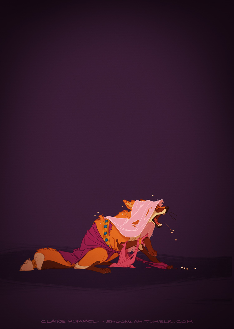 clothing dress female feral flea-ridden gradient_background purple_background simple_background solo claire_hummel disney robin_hood_(disney) maid_marian ambient_flea arthropod canid canine flea fox insect mammal red_fox true_fox