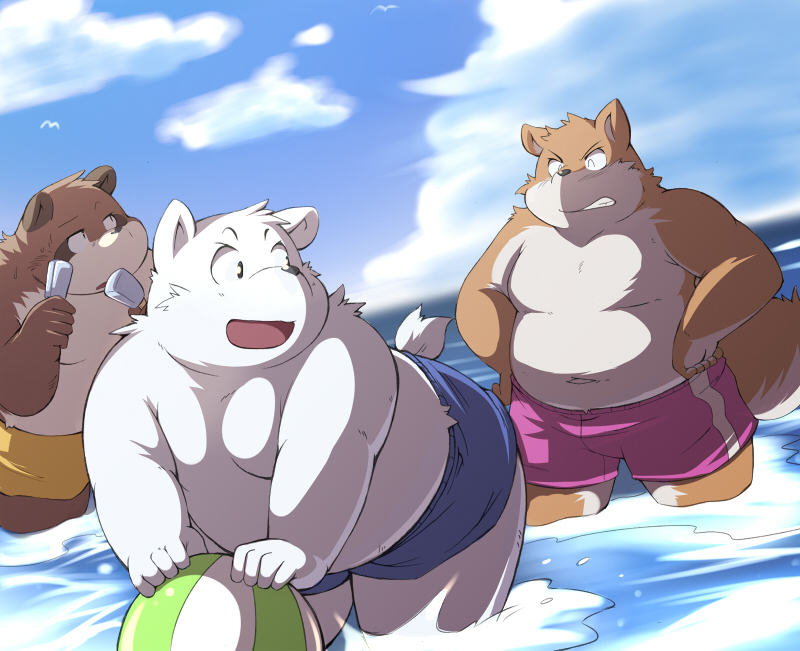 anthro belly clothing fur group humanoid_hands male moobs navel open_mouth overweight overweight_male swimwear water white_body white_fur ayame42612 bear canid canine mammal polar_bear raccoon_dog tanuki ursine 2008