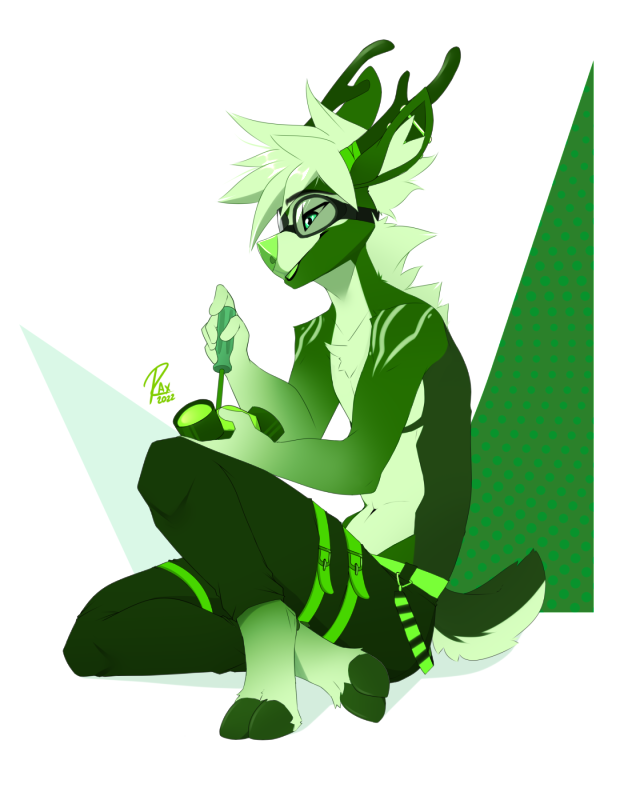 5_fingers anthro barefoot clothed clothing feet fingers fur green_body green_eyes green_fur green_hair green_nose hair male sitting smile solo toes topless wolflady ordell_(roadkilla12) deer mammal 2022 digital_media_(artwork)