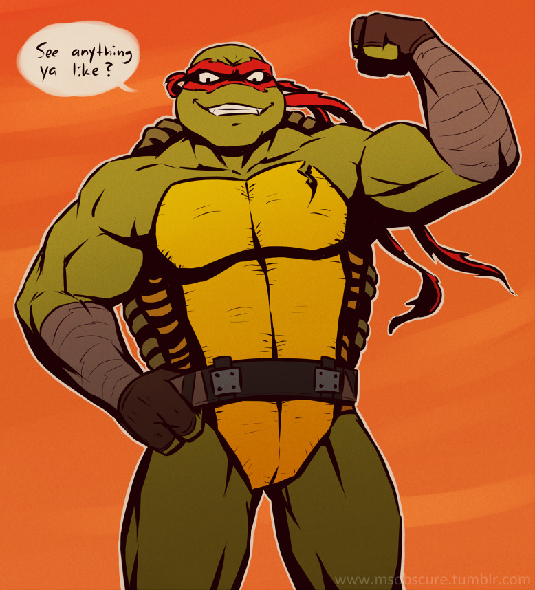 arm_wraps bandage barazoku belt biceps big_muscles clothing flexing flexing_bicep gloves green_body green_skin handwear looking_at_viewer male mask muscular muscular_male orange_background pecs scales shell simple_background smile solo standing teeth text triceps wearing_mask wraps baraturts teenage_mutant_ninja_turtles turtles_take_time_(and_space) raphael_(tmnt) reptile scalie turtle english_text