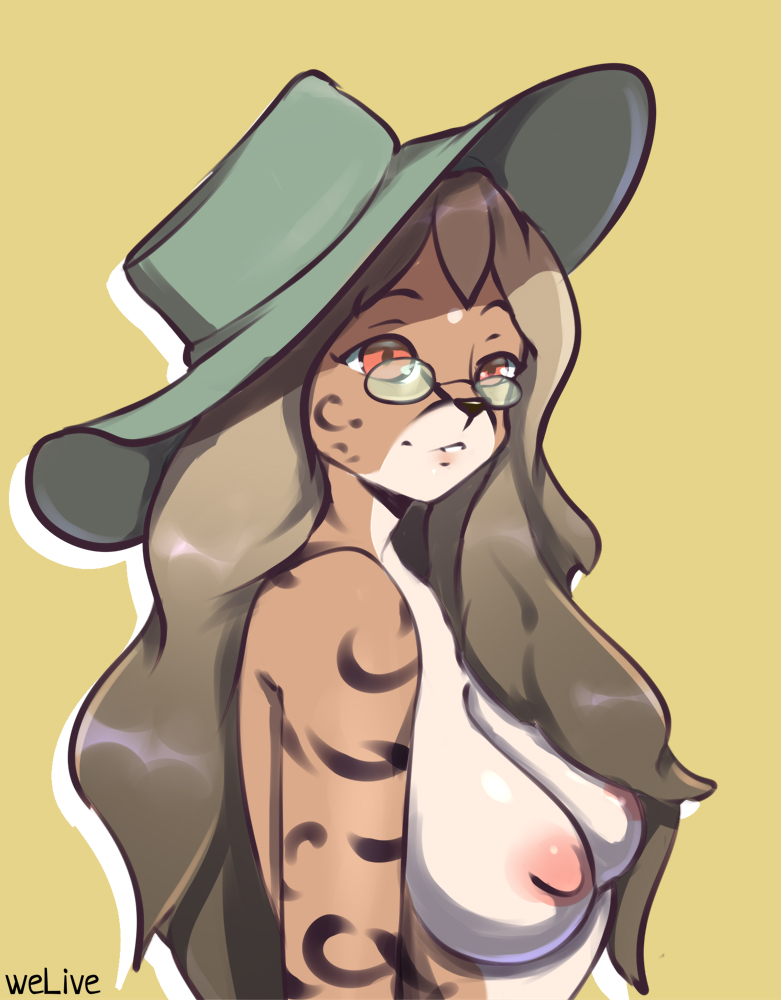 anthro breasts clothing eyewear female glasses green_clothing green_hat green_headwear hat headgear headwear nipples pink_nipples pose smile solo welive felid feline mammal pinup