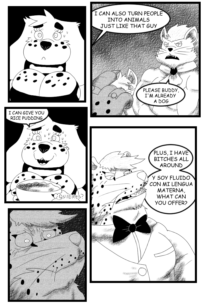 after_transformation anthro big_breasts bodily_fluids breasts bribery dessert digit_ring duo female food freckled_breasts freckles jewelry male profanity pudding shocked short_stack sweat text alythewolfcat ose_joyaza sprinkles_(thehoneybutter) canid canine canis demon domestic_cat domestic_dog felid feline felis jaguar mammal pantherine 2:3 english_text monochrome spanish_text translated