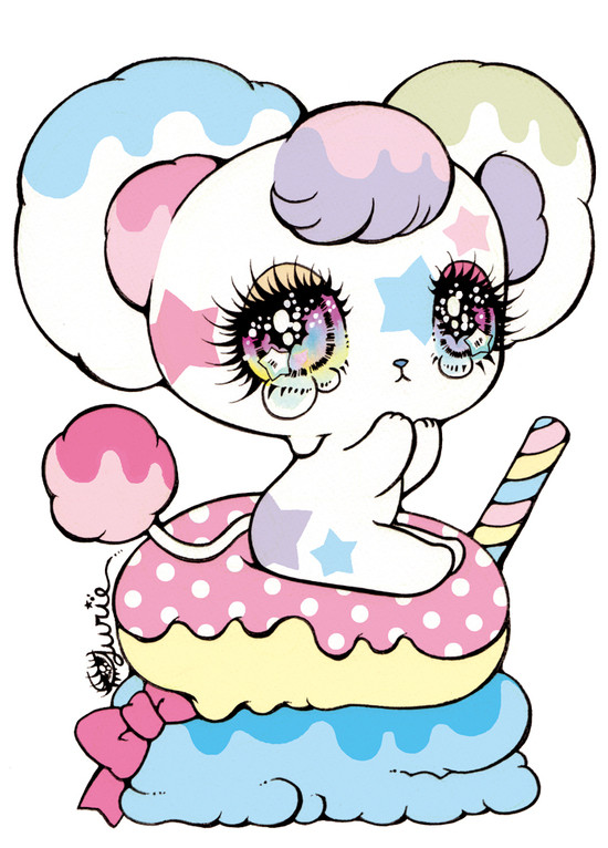 ambiguous_gender anthro big_ears bodily_fluids bow_ribbon chibi dessert doughnut dripping droopy_eyes eyelashes food ice_cream icing kemono markings pastry round_ears sitting solo star_(marking) superflat tail tail_tuft tears tuft yurie_sekiya mammal rodent