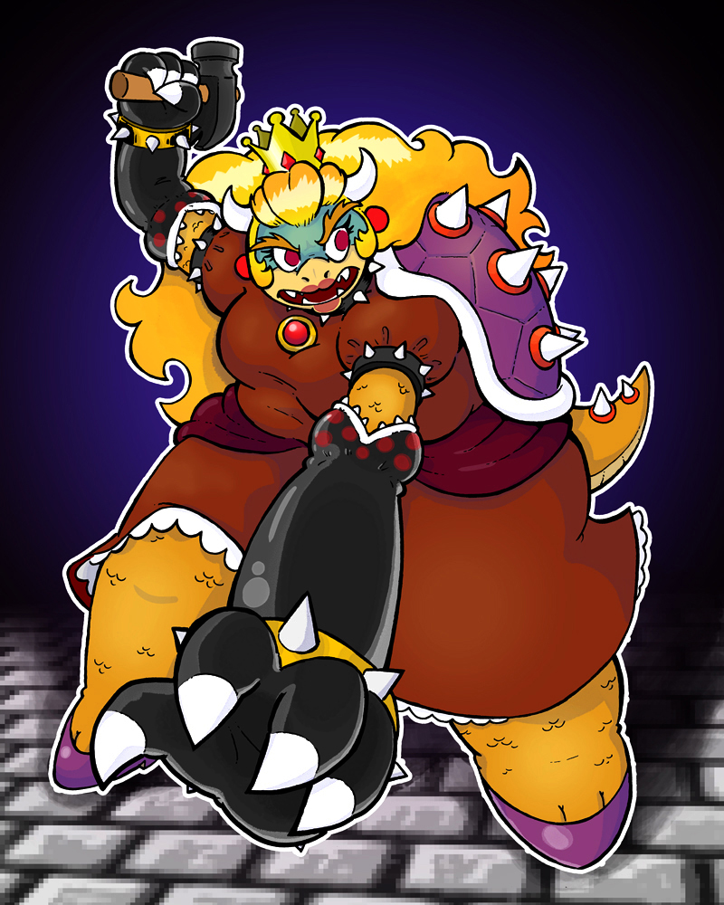 alternate_species anthro blonde_hair breasts clothing collar crown dress ear_piercing female hair hammer headgear horn open_mouth piercing shell solo spiked_collar spikes standing thick_calves thick_leg thick_thighs tools mr-dna mario_bros nintendo princess_koopa princess_peach koopa scalie 2016 4:5