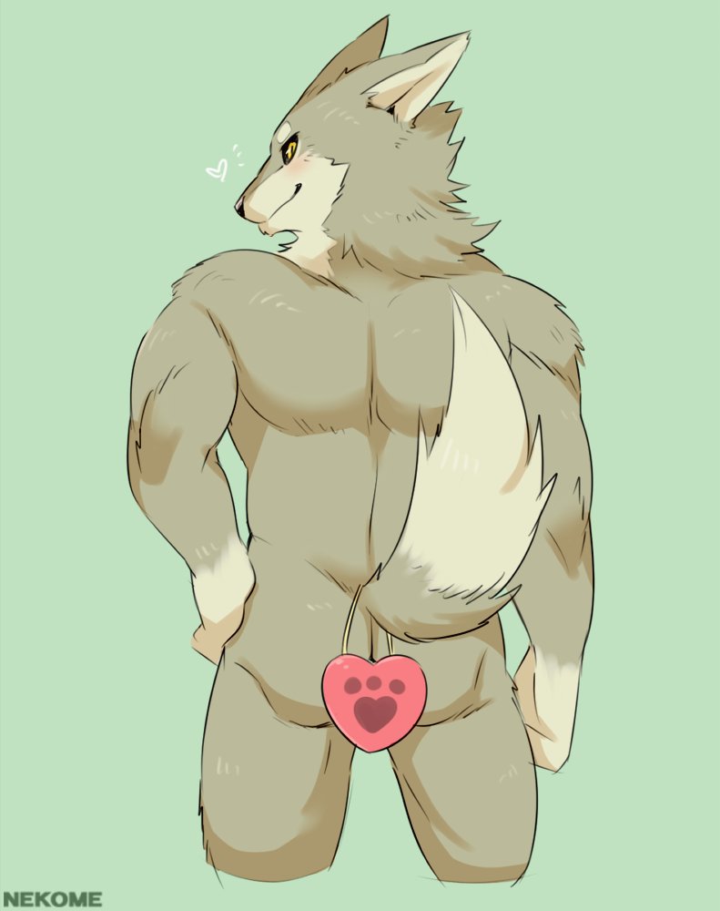 anthro blush butt butt_pose gloves_(marking) green_background hand_on_hip heart_symbol looking_at_viewer looking_back male markings muscular muscular_anthro muscular_male nude pose raised_tail rear_view seductive simple_background solo tail kemo_nuko canid canine mammal portrait three-quarter_portrait