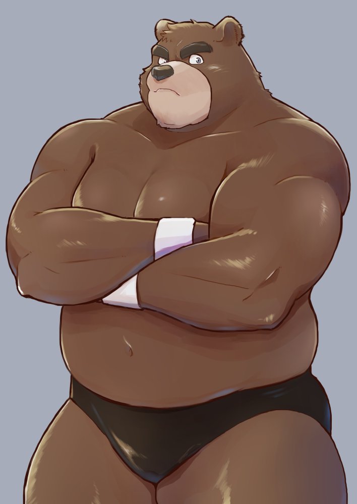 anthro brown_body brown_fur clothing fur kemono male musclegut muscular overweight overweight_anthro overweight_male simple_background solo underwear yuzpoco bear mammal 2021