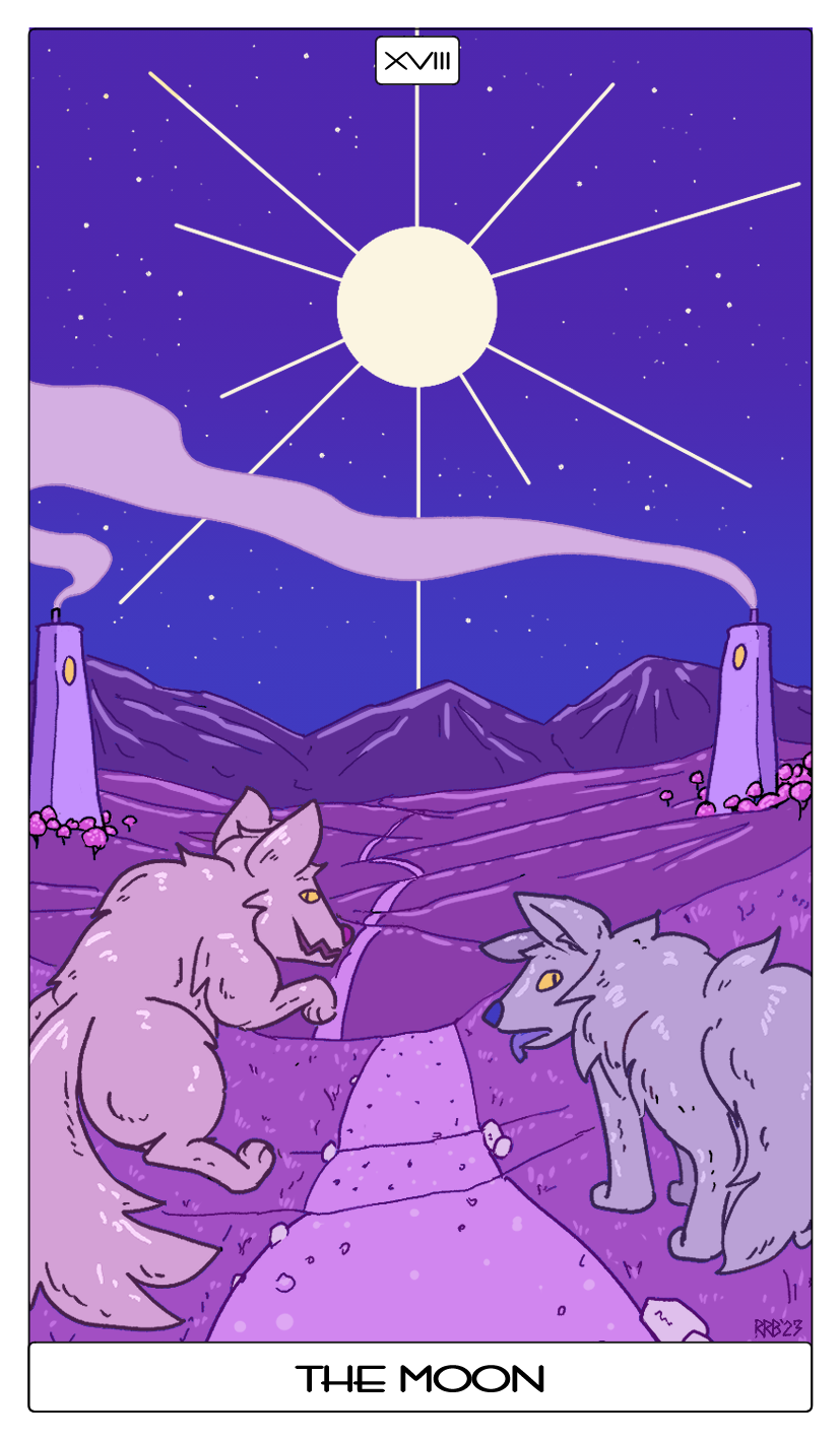 border card card_template fortune_telling major_arcana moon tarot tarot_card the_moon_(tarot) tower white_border run_rabbit_bounce canid canine canis domestic_dog mammal hi_res