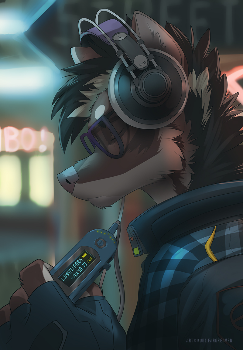 anthro black_hair brown_body brown_fur brown_nose clothed clothing electronics eyes_closed eyewear fingerless_gloves fur glasses gloves hair handwear headphones male outside park solo koul linkin canid canine canis domestic_dog mammal