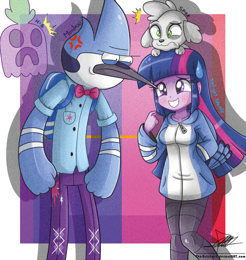 alternate_species angry annoyed anthro backpack bag beak bodily_fluids breasts clothed clothing fangs female green_eyes group hair hoodie humanized male purple_body purple_eyes purple_hair purple_skin standing style_crossover sweat teeth text topwear the-butcher-x cartoon_network equestria_girls hasbro my_little_pony regular_show hi_five_ghost mordecai_(regular_show) spike_(eg) twilight_sparkle_(eg) avian bird blue_jay canid canine canis corvid domestic_dog ghost human jay_(bird) mammal new_world_jay oscine passerine spirit 2014 crossover url