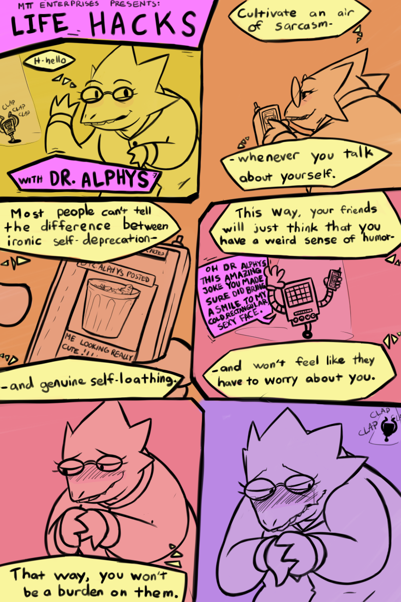 anthro bodily_fluids clothing coat electronics eyewear female glasses humor lab_coat machine phone sad tears text topwear trash sildre undertale undertale_(series) alphys mettaton lizard reptile robot scalie 2015 2:3 comic english_text hi_res