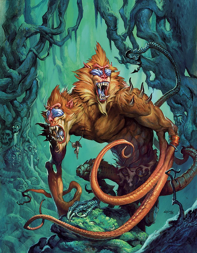 2_heads abs anthro belt blue_tongue bone bone_necklace bottomwear claws clothing detailed_background fangs fur green_background hole_(anatomy) hunched_over jewelry loincloth male moss multi_arm multi_head multi_limb necklace open_mouth orange_body orange_fur plant pointy_ears scales scaly_tail simple_background skull solo spiked_shoulders standing tail teeth tentacle_arms toe_claws tongue tree jesper_ejsing dungeons_and_dragons hasbro wizards_of_the_coast demogorgon_(dnd) demon haplorhine hybrid mammal mandrill monkey monster old_world_monkey primate tanar'ri_(dnd) 2006 official_art signature