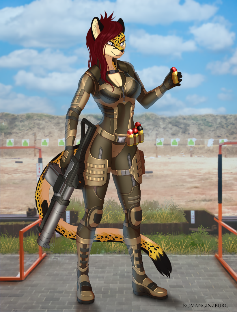 anthro armor biped breasts cleavage clothed clothing countershade_face countershading female fur gun inner_ear_fluff markings multicolored_body multicolored_fur orange_body orange_fur ranged_weapon shooting_range smile solo spots spotted_body spotted_fur standing tan_body tan_fur text tuft weapon romanginzburg daemon_chack cheetah felid feline mammal 2021 english_text signature