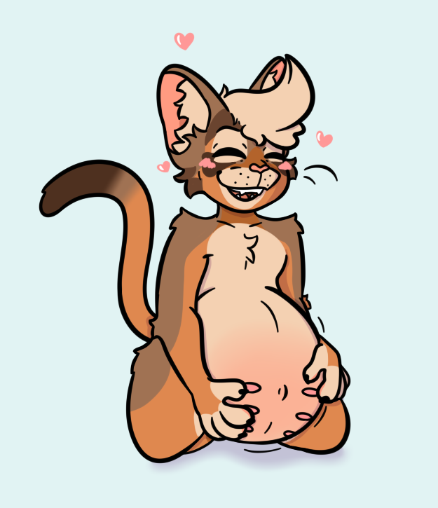 abdominal_bulge ambiguous_gender anthro belly belly_bump big_belly big_ears blush brown_body brown_fur fur hand_on_belly happy heart_symbol kneeling markings navel nipples pregnant sharp_teeth simple_background smile solo teeth gooey_goon guthrie abyssinian_cat domestic_cat felid feline felis mammal ticked_tabby 2020 colored