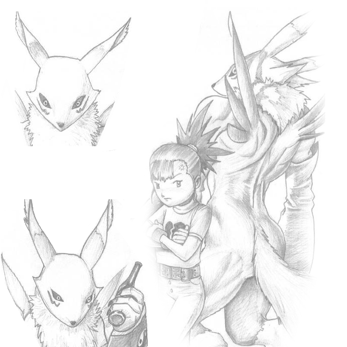 ambiguous_gender back_muscles bottle container duo female young young_female young_human pandora's_box bandai_namco digimon rika_nonaka canid canine digimon_(species) human mammal renamon 1:1 greyscale monochrome