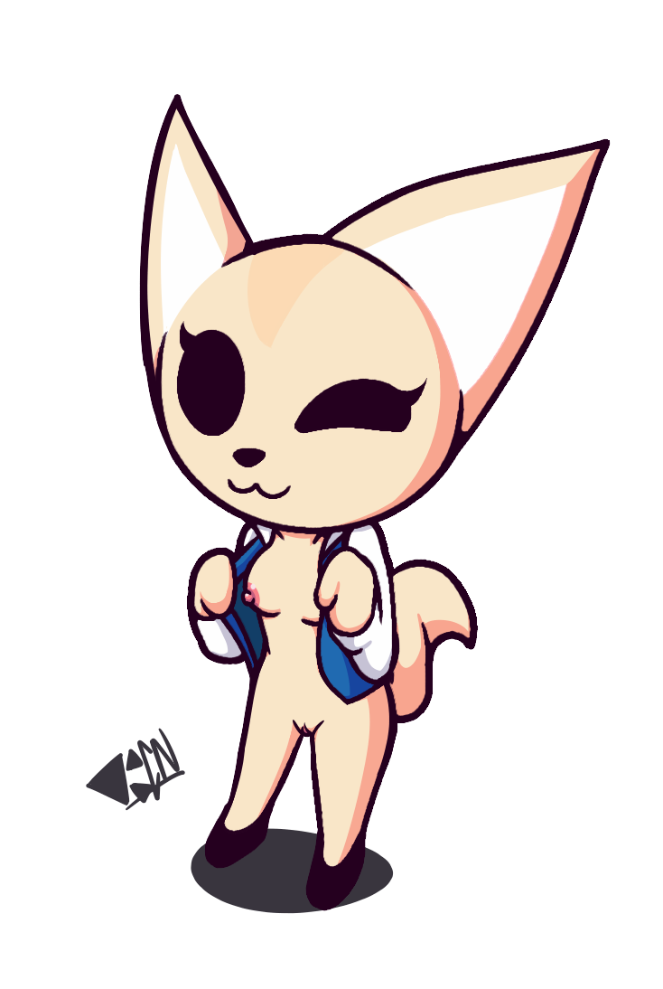 anthro black_eyes bottomless breasts clothed clothing female genitals nipples one_eye_closed open_clothing open_topwear pussy smile solo teasing topwear wink kcn aggretsuko sanrio fenneko canid canine fennec_fox fox mammal true_fox alpha_channel