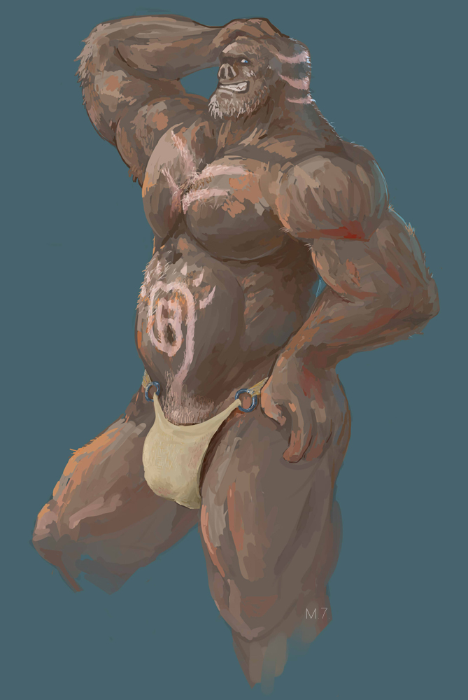 anthro blue_background blue_eyes brown_body brown_fur bulge clothing fur g-string grin hand_on_hip looking_at_viewer male musclegut muscular muscular_anthro muscular_male navel painting simple_background smile solo underwear m7 haplorhine mammal monkey primate 2017