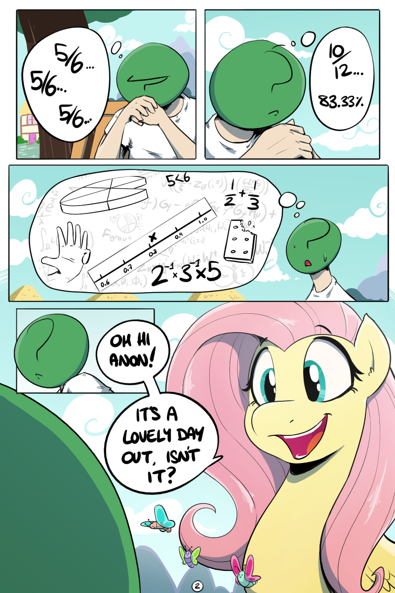 dialogue duo female feral male math outside speech_bubble text shoutingisfun friendship_is_magic hasbro math_lady my_little_pony anon fluttershy_(mlp) arthropod butterfly equid human insect lepidopteran mammal 2:3 comic english_text hi_res meme