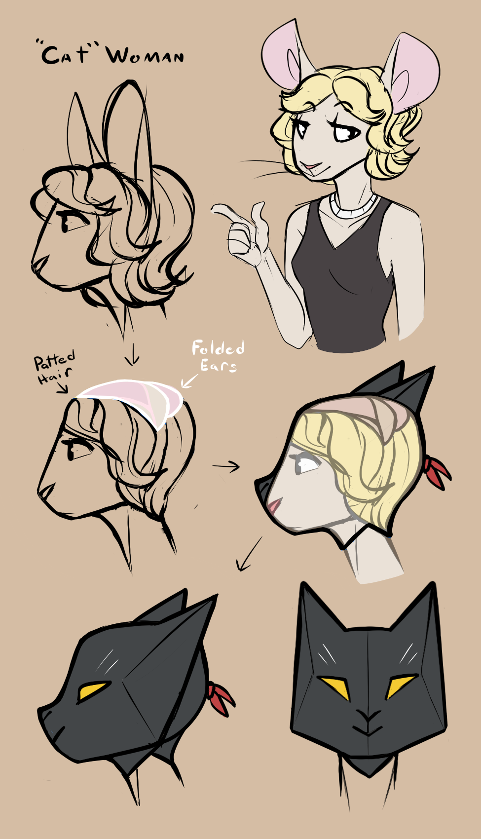 Refsheet of Rat!Selina and her cat mask, showing how she hides her rodent nature by folding her ears down.