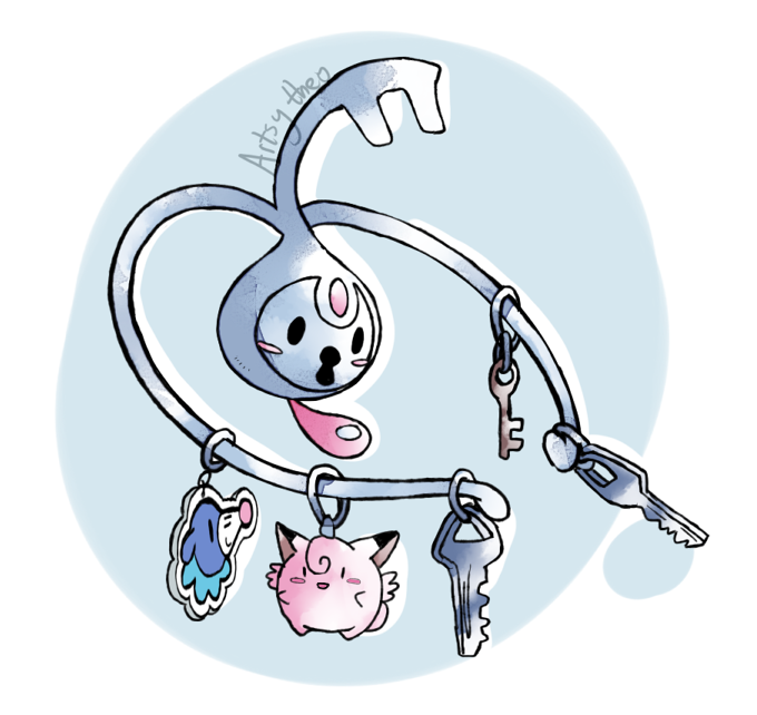 abstract_background ambiguous_gender black_eyes blush blush_stickers circle empty_eyes facial_markings floating forehead_markings grey_background grey_body head_markings holding_object key keychain markings metallic_body multicolored_body not_furry on_model pink_body pink_markings simple_background solo tendrils toony two_tone_body white_background artsy-theo nintendo pokemon animate_inanimate clefairy elemental_creature generation_1_pokemon generation_6_pokemon generation_7_pokemon klefki mineral_fauna pokemon_(species) popplio 2017 digital_drawing_(artwork) digital_media_(artwork) full-length_portrait portrait signature