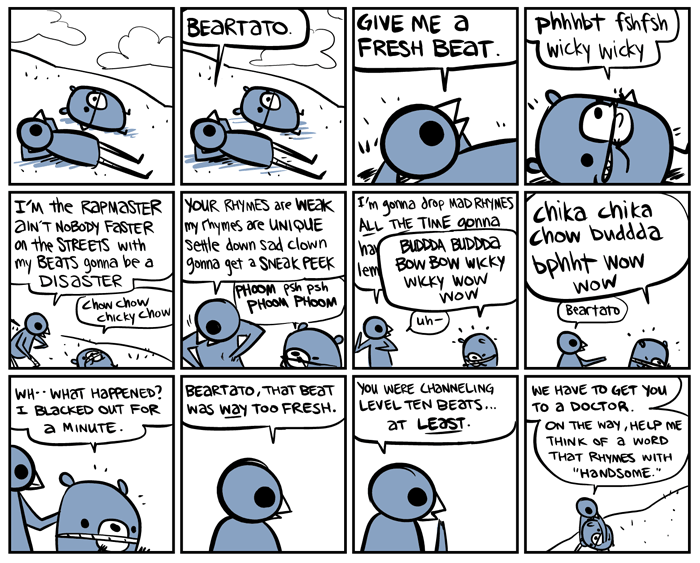 ambiguous_gender anthro beak dialogue humor rap speech_bubble text what nedroid beartato reginald_(nedroid) avian bear bird mammal 2008 comic english_text