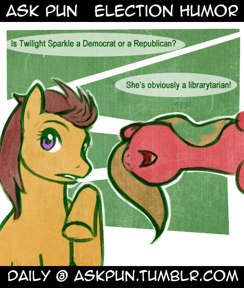 brown_hair dialogue duo female feral green_hair hair humor politics purple_eyes text unknown_artist ask_pun hasbro my_little_pony tumblr fan_character marigold_(ask_pun) pun_pony earth_pony equid equine horse mammal pony comic english_text url