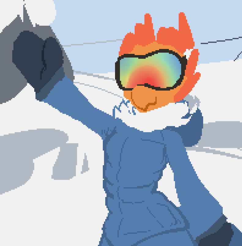 ambiguous_gender anthro clothing covered_eyes eyewear gesture glasses gloves handwear horn jacket mountain orange_body snow solo topwear waving winter trufzn perec kobold lizard reptile scalie