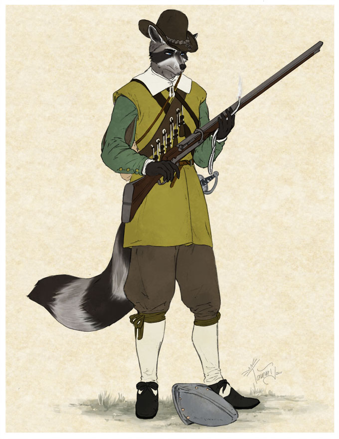 anthro army colonial gun historical holding_gun holding_object holding_ranged_weapon holding_weapon male matchlock military musket national_guard ranged_weapon soldier solo tail warrior weapon redcoatcat azban mammal procyonid raccoon