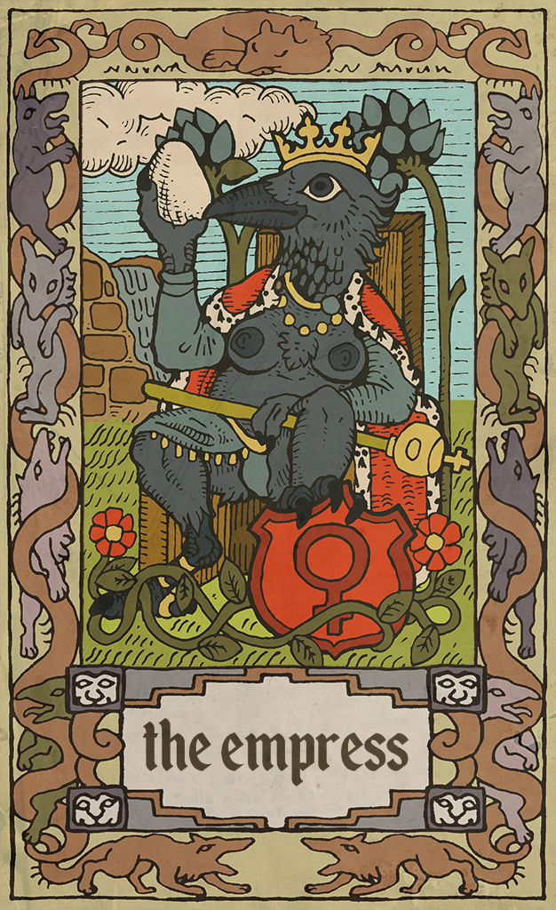 anthro beak black_body black_eyes black_feathers breasts card card_template chair claws clothing cloud crown egg feathers feet female female_symbol fortune_telling furniture gender_symbol headgear major_arcana nipples non-mammal_breasts outside plant scepter shield sky solo symbol talons tarot tarot_card text the_empress_(tarot) throne toes tree waterfall musorok lucidum avian bird corvid corvus_(genus) oscine passerine raven 2016 english_text