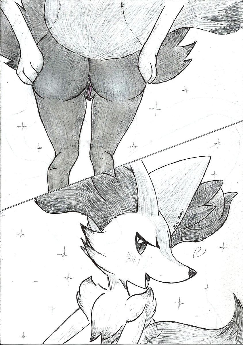 3_fingers anthro anus blush butt clitoris drawing female fingers genitals heart_symbol inner_ear_fluff looking_at_viewer open_mouth paws presenting presenting_anus presenting_pussy pussy raised_tail simple_background smile solo tail tuft fullfolka nintendo pokemon braixen canid generation_6_pokemon mammal pokemon_(species) black_and_white hi_res monochrome