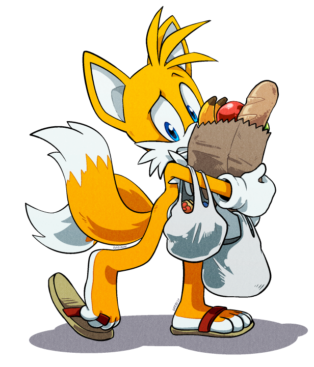 anthro big_eyes big_head blue_eyes clothing feet food footwear fur gloves handwear male multi_tail orange_body orange_fur paws sandals shoes simple_background solo tail teeth toes toony white_background white_body white_fur catbeecache finimun sega sonic_the_hedgehog_(series) miles_prower canid canine fox mammal 2017 digital_media_(artwork)