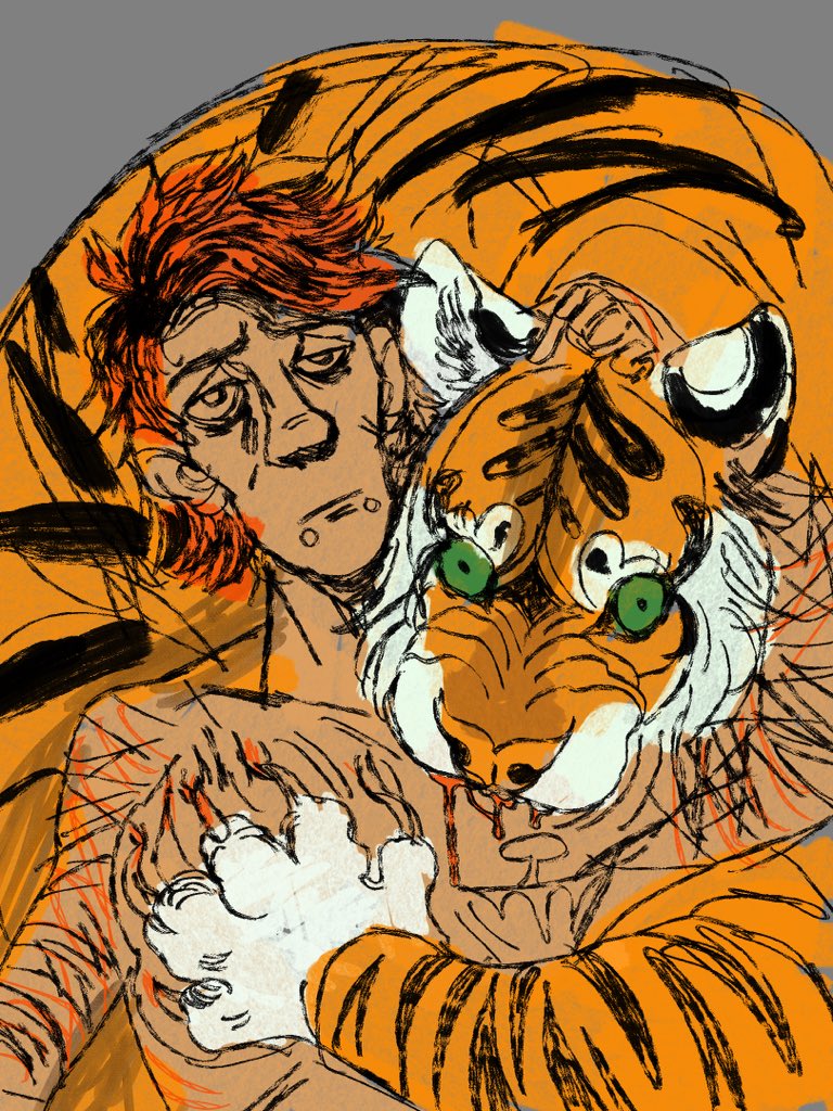 ambiguous_gender bite blood bodily_fluids duo feral fur male white_body white_fur wounded yellow_body yellow_fur puppy_meats felid human mammal pantherine tiger sketch
