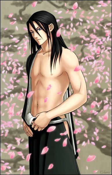 black_hair cherry_blossom clothing flower hair human_only long_hair looking_at_viewer male not_furry petals plant prunus_(flower) solo undressing unknown_artist bleach_(series) byakuya_kuchiki human mammal grandfathered_content