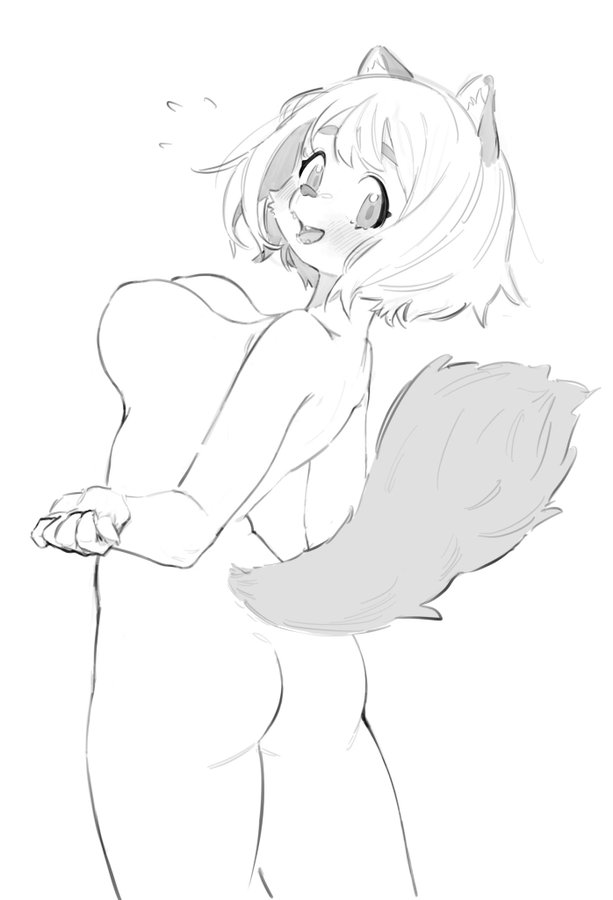 5_fingers anthro bangs big_eyes blush bouncing_breasts breasts butt curvy_figure exposed_breasts featureless_breasts female female_anthro fingers fluffy fluffy_tail hair inner_ear_fluff kemono looking_at_viewer looking_back medium_breasts nude short_hair solo surprise tail thick_thighs tuft turning kemonoda_isuki felid feline mammal 2020 monochrome sketch