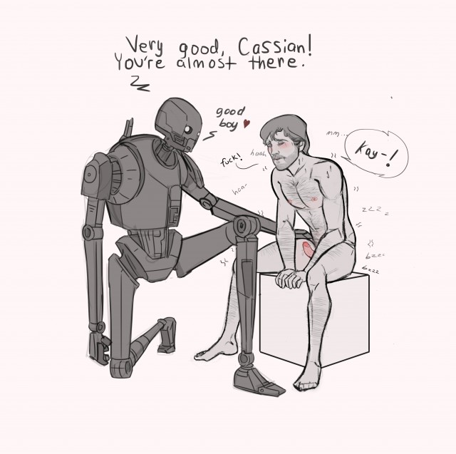 barefoot blush dominant duo erection feet genitals human_on_robot machine male male/male nude penis submissive submissive_male rogue_one star_wars cassian_andor k-2so human mammal robot