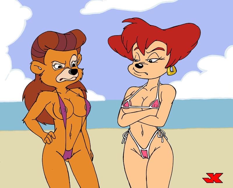 anthro areola beach bikini black_nose blue_sky breasts brown_areola brown_hair camel_toe cleavage clitoris_outline clothed clothing cloud day detailed_background duo female fur hair ineffective_clothing mature_anthro mature_female navel nipple_outline one-piece_swimsuit orange_body orange_fur outside pink_areola pink_bikini pink_clothing pink_swimwear purple_sling_bikini red_hair sand seaside side-tie_bikini skimpy sky sling_bikini string_bikini swimwear triangle_bikini two-piece_swimsuit victory_rolls jk disney goof_troop talespin peg_pete rebecca_cunningham bear mammal 2013 crossover