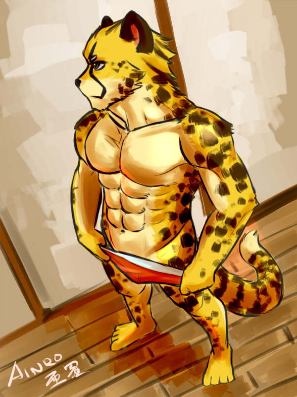 abs anthro biceps big_muscles biped black_body black_fur briefs brown_body brown_eyes brown_fur clothed clothing fur male markings muscular muscular_anthro muscular_male pecs pose solo spots standing tail topless underwear undressing yellow_body yellow_fur ainro cheetah felid feline mammal 2011 3:4