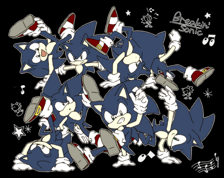 anthro black_background blue_body blue_fur breakdancing clothing dancing footwear fur gloves green_eyes grin handstand handwear male multiple_poses musical_note musical_symbol on_one_hand pose shoes simple_background smile solo star symbol text bukikobuta sega sonic_the_hedgehog_(series) sonic_the_hedgehog eulipotyphlan hedgehog mammal 2014 english_text