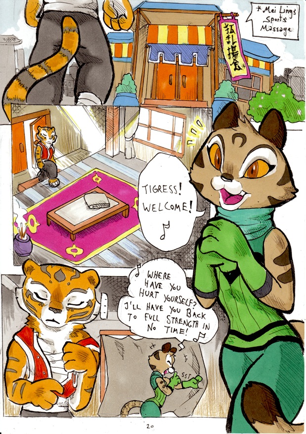 anthro butt clearing_your_mind dialogue female massage tail text daigaijin better_late_than_never dreamworks kung_fu_panda master_tigress student_mei_ling chinese_mountain_cat felid feline felis mammal pantherine tiger comic english_text