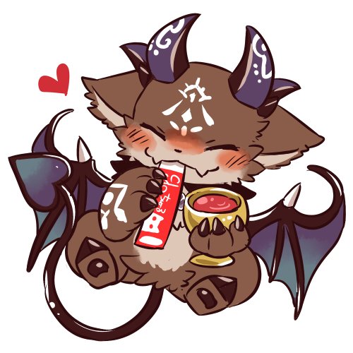 blush chibi container cup ears_down eating eyes_closed fangs front_view fur goblet grey_body grey_fur heart_symbol horn membrane_(anatomy) membranous_wings pivoted_ears solo spade_tail tail teeth wings doggiemonkey nijisanji vtuber debidebi_debiru demon mammal 1:1 digital_media_(artwork) full-length_portrait low_res portrait