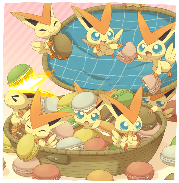 ambiguous_gender basket blue_eyes container cookie eating eyes_closed feral food food_on_head group happy in_basket macaron_(food) orange_body yellow_body mugita_konomi nintendo pokemon generation_5_pokemon legendary_pokemon pokemon_(species) victini 2011