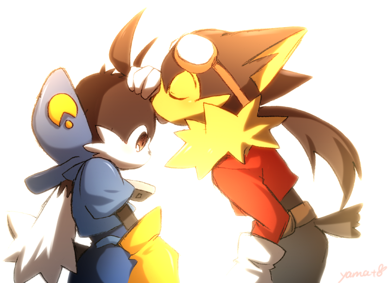 anthro clothed clothing duo eyewear fur goggles hat headgear headwear male simple_background young yamatoooooo bandai_namco klonoa_(series) guntz klonoa canid canine canis domestic_cat felid feline felis mammal wolf