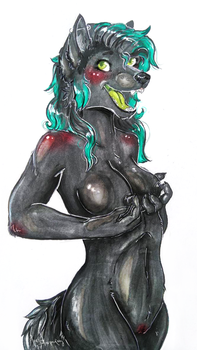 anthro breasts female fur genitals green_eyes grey_body grey_fur hair happy long_hair nipples pussy simple_background solo caatnip canid canine canis mammal wolf 9:16 traditional_media_(artwork)