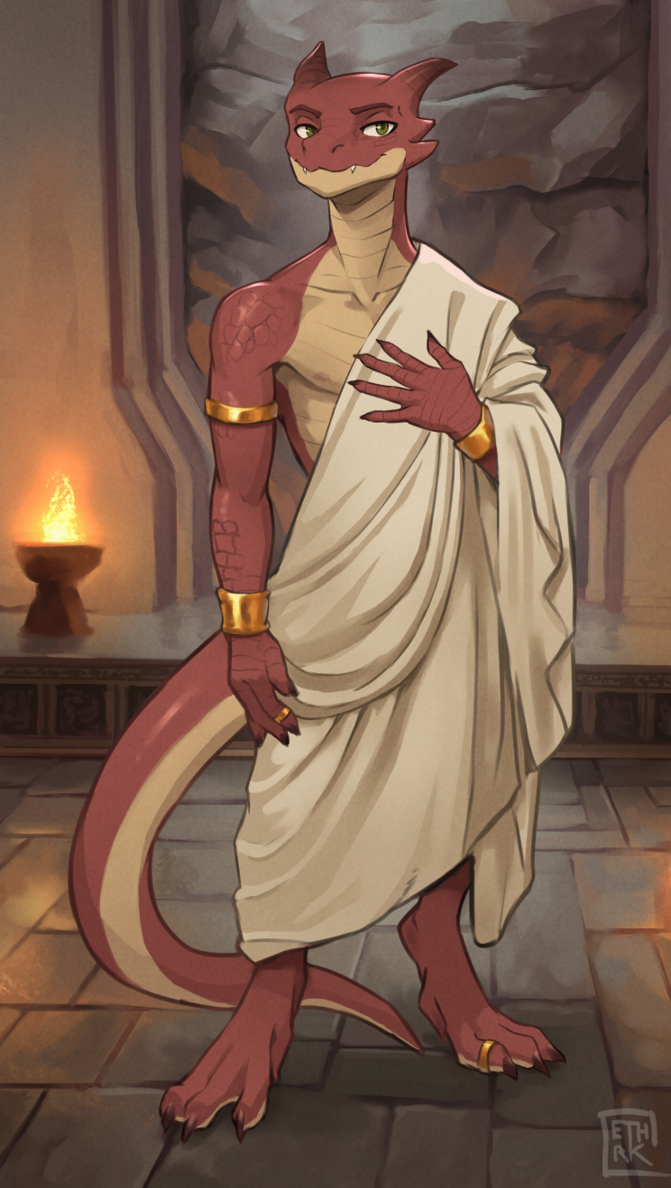 ancient_rome anthro barefoot clothed clothing digitigrade feet fire horn male nipples red_body red_scales scales solo standing tail teeth toga yellow_eyes ethrk kobold scalie colored digital_media_(artwork) full-length_portrait hi_res portrait shaded