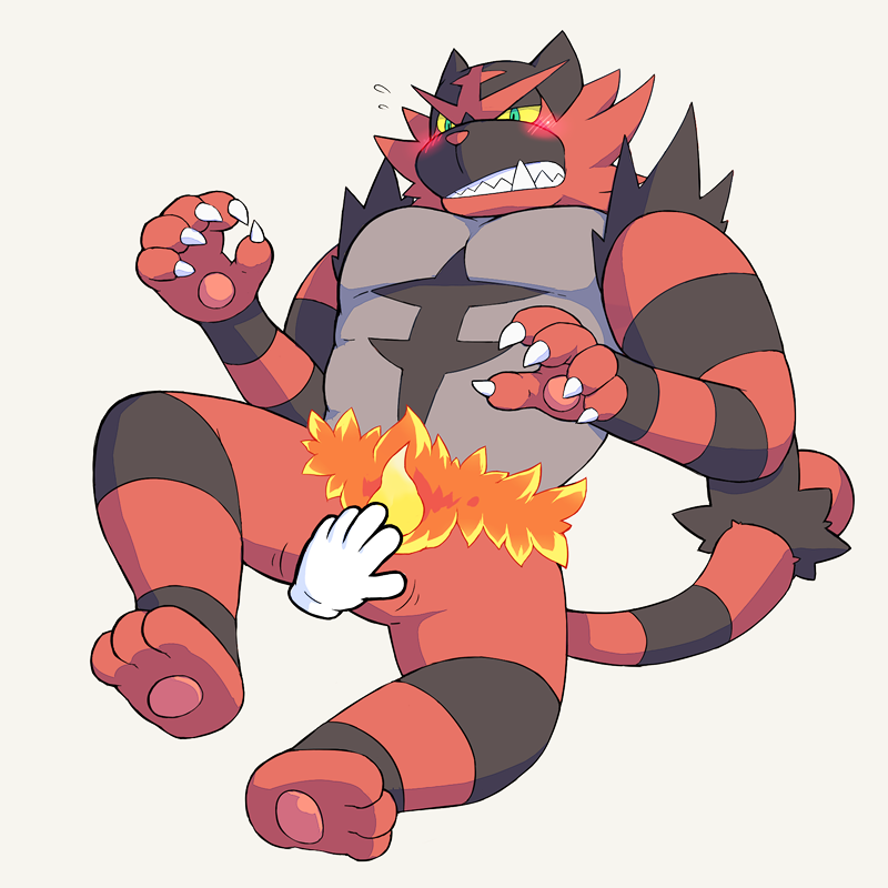 anthro blush disembodied_hand duo male pseudo_clothing simple_background solo_focus stocky white_background flappydog nintendo pokemon pokemon_refresh generation_7_pokemon incineroar pokemon_(species) 1:1 2016