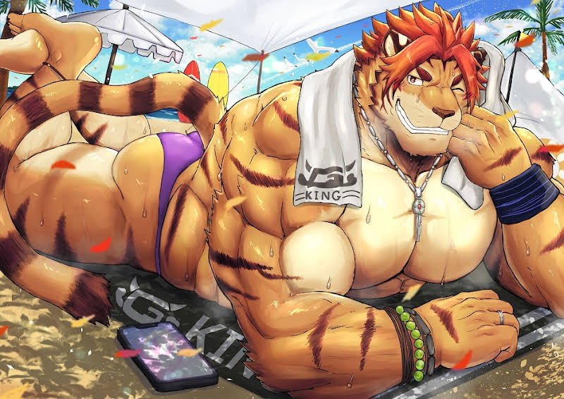 anthro beach butt clothing fur hair jewelry lying male muscular muscular_anthro muscular_male necklace on_front one_eye_closed palm_tree pecs plant red_hair seaside solo speedo striped_body striped_fur stripes swimwear towel tree wink miazuma_shouki lifewonders tokyo_afterschool_summoners nomad_(tas) felid mammal pantherine tiger