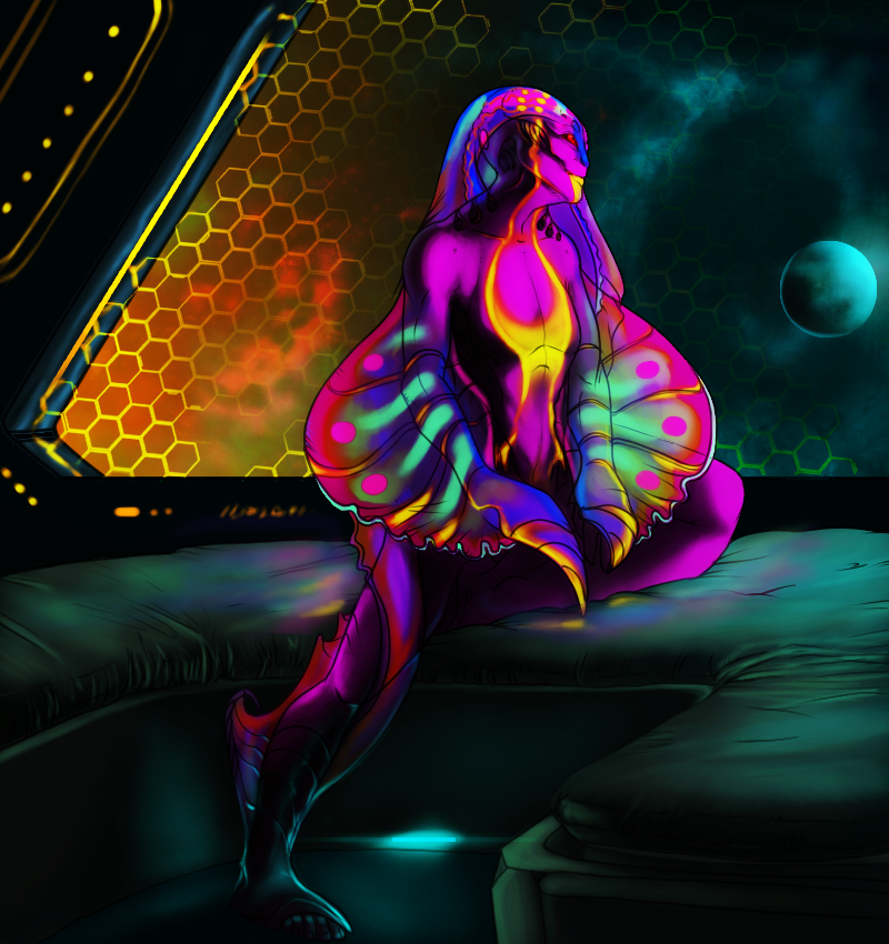 iridescent iridescent_body male moon neon rainbow red_eyes science_fiction sitting solo space aliena-cordis alien humanoid jovian colorful_theme