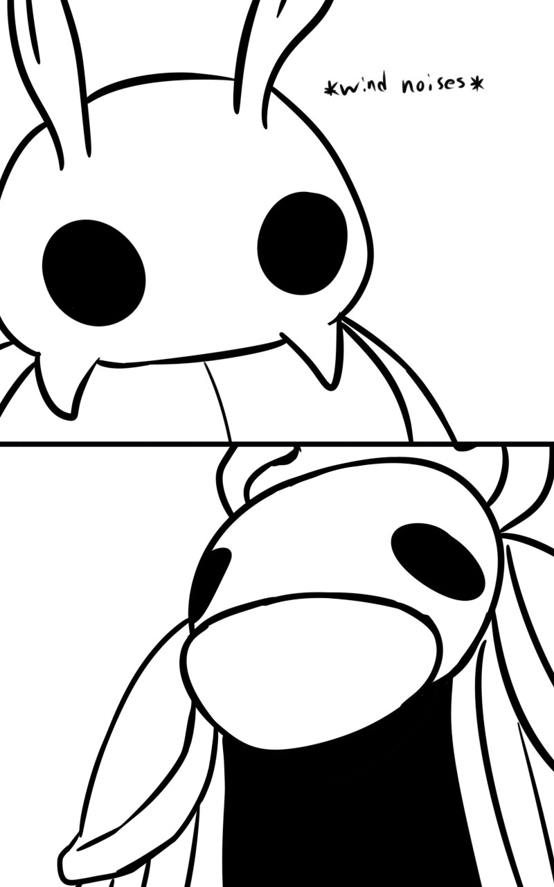 2_horns 2_panel_comic ambiguous_gender antennae_(anatomy) biped black_eyes black_text clothed clothing duo horn male mouth_closed simple_background sound_effects standing text white_background white_head skeletorskeletonized hollow_knight team_cherry bretta_(hollow_knight) elderbug_(hollow_knight) arthropod beetle insect 2020 5:8 comic digital_media_(artwork) english_text first_page hi_res monochrome female_(lore)